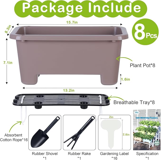 Oliz Self-Watering Rectangle Planter Boxes 8-Pack, 15.7-Inch Window Box Planter with Drainage Holes & Trays, Pots for Vegetables, Herbs, Flowers, Garden Windowsill Balcony (Coffee)