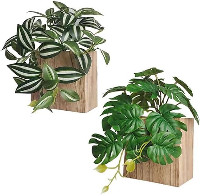 Wood Wall Planter Vase with Artificial Plants Wall Decor, Small Wall Hanging Greenery Fake Plant Decor Indoor for Living Room Bedroom Bathroom Kitchen Office(Natural)