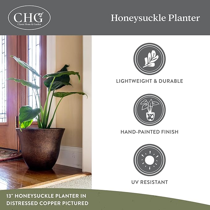 Classic Home and Garden Honeysuckle Resin Planters - Lightweight Indoor & Outdoor Plant Pots - UV-Resistant Plastic Flower Pots - Pot Planters for Flowers & Herbs (13" Zinc Grey)