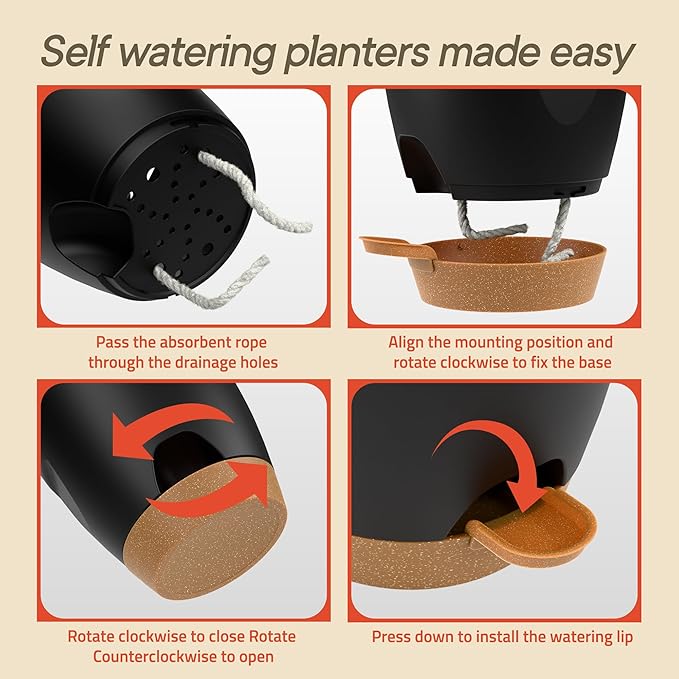Black Self Watering Pots 20 Pack, Indoor and Outdoor Plant Pots with Wick Rope & Drainage Holes, Easy Watering Lip, Lightweight Plastic Self Watering Planter for Succulents, Houseplants, and Herbs