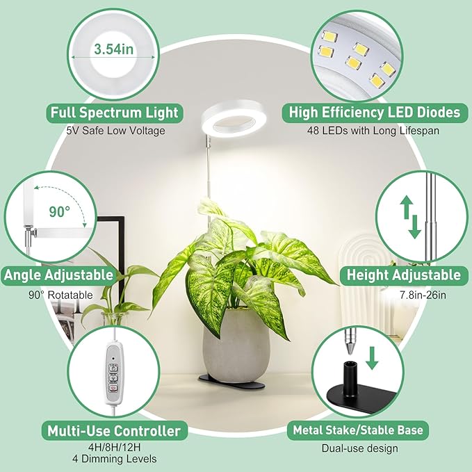LORDEM Plant Grow Light, Full Spectrum Halo Desk Light, Height Adjustable 7.8"-26", LED Growing Lamp, Automatic Timer 4H/8H/12H, 4 Level Dimmable, Ideal for Indoor Plants, White, 3 Pack