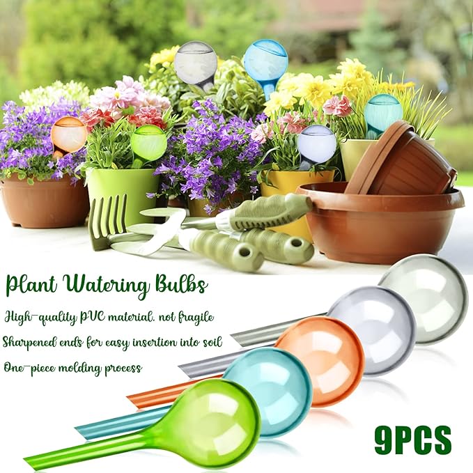 Droutti 9 Pcs Plant Watering Globes Colored Self Watering Globes Automatic Watering Bulbs Plastic Plant Water Globes Drip Irrigation Device for Indoor Outdoor Plants (13×5 cm)