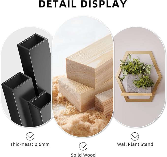 Modern Golden Hexagon Wall Planters with Solid Wood Shelves Set of 3 Geometric Floating Wall Decor for Indoor Plants, Stylish Wall Mounted Display for Succulents & Small Plants