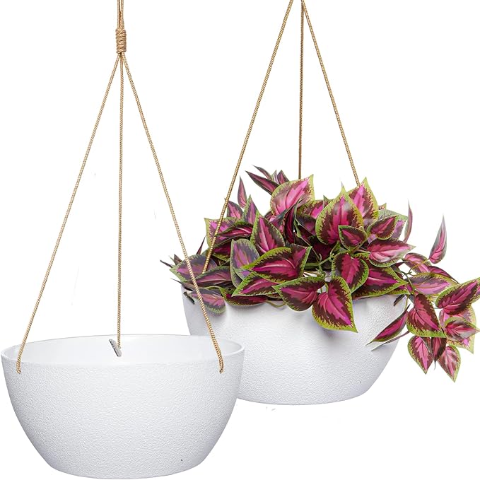 SwinDuck 13 Inch 2 Pack Large Hanging Planters for Indoor Outdoor Plants, Plastic Hanging Basket Pots for House Plants Flowers, White