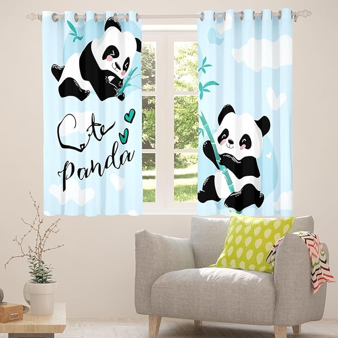 Feelyou Cute Panda Window Curtains Bedroom Living Room Cartoon Panda Curtains Kids Room Decor Boys Girls Animal Theme Window Drapes Kawaii Animal Window Treatments Blue 52W X 96L，2 Panels