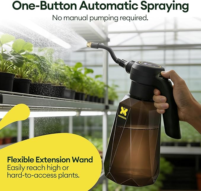 MAYGROVE Battery Powered Sprayer 0.5 Gallon, Electric Spray Bottle – Up to 7.5 Hours Long Battery Life with Fast Charging, Automatic Garden Sprayer with Adjustable Pressure, Semi-Transparent Tank