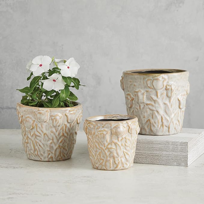 47th & Main Textured White Glazed Ceramic Planter Flower Pot for Succulents and Small Plants, Small, Floral Pattern