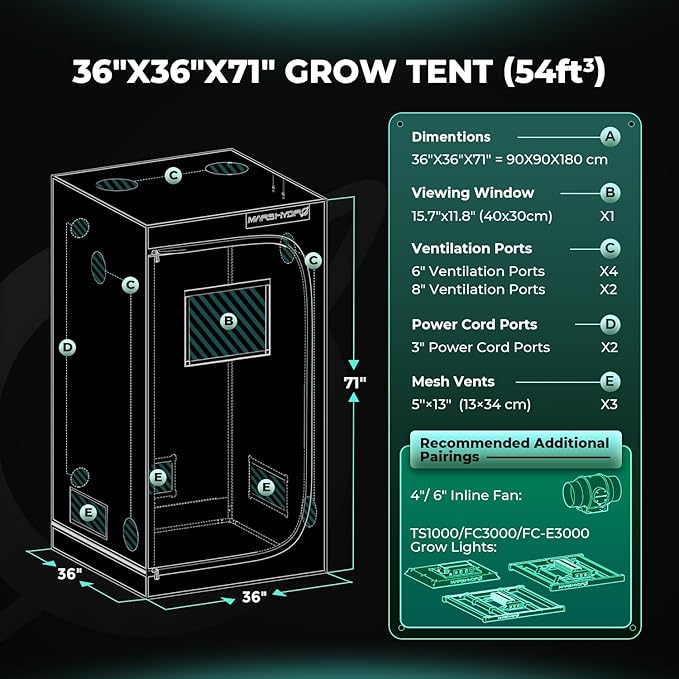 MARS HYDRO Grow Tent 90 x 90 x 180 cm, Indoor Grow Tent, Reflective Mylar Grow Tent, Hydroponics, Removable Base Tray, for Plants Growing Room