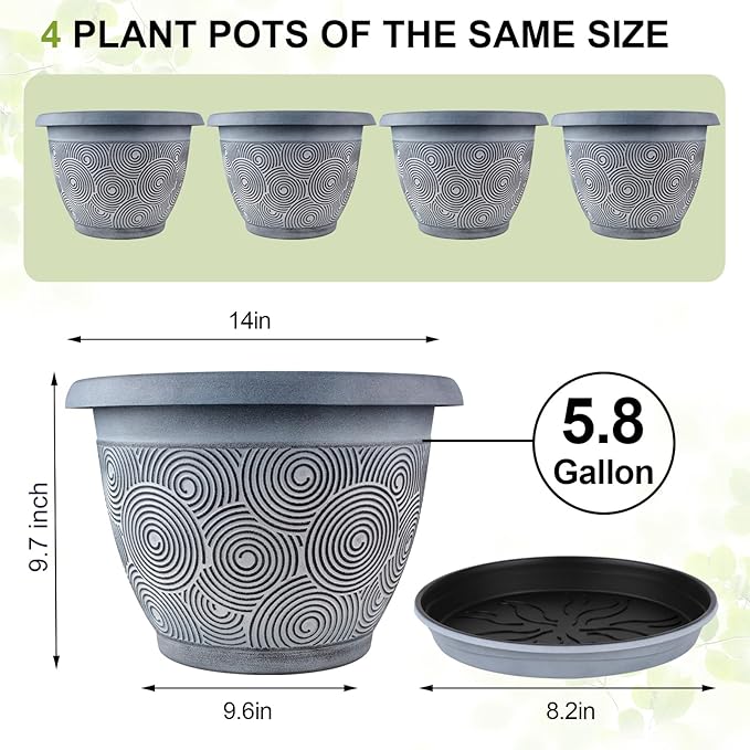 Fodetyff 14 Inch Large Planter Pot for Plants Indoor Outdoor, 4 Pack Plastic Flower Pots with Drainage Hole & Tray, Modern Decorative Garden Pot with Saucer, Plant Container for House