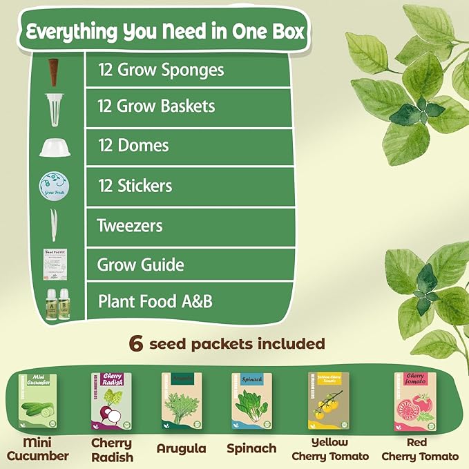 Hydroponic Seed Pod for Aerogarden, Ahopegarden, LETPOT, URUQ - 12 Salad Refill Grow Pods with 6 Packets Seeds of Mini Cucumber, Arugula, Spinach, Cherry Radish & Tomato for All Hydroponic Systems