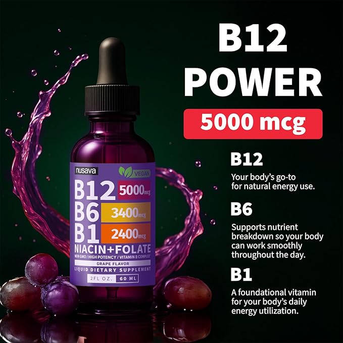 (2 Pack) Vitamin B12 and B6 Liquid Drops, B12 Sublingual Vitamin B Complex - B 12 Vitamin 5000mcg - B12 Methylcobalamin for Energy, Brain, Heart Support with 27,200 mcg, Grape Flavor, 80 Servings