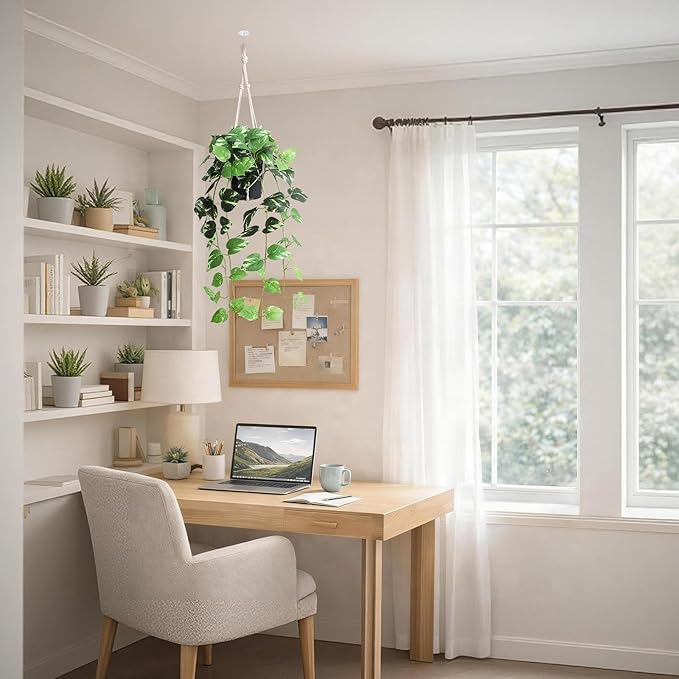 alyptus Fake Pothos Hanging Plants - Artificial Hanging Plant with Pot Realistic Faux Pothos Vines for Indoor Décor, Lush Greenery for Balcony Patio Office, Bathroom - Golden Green