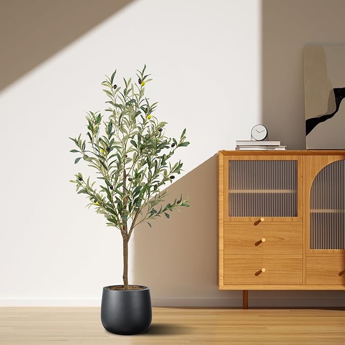 Artificial Fake Olive Tree 4FT Tall 1Pack Faux Silk Olive Tree for Home Living Room Office Decor Faux Artificial Plants Indoor Fake Potted Plants with Fruit & Free Moss
