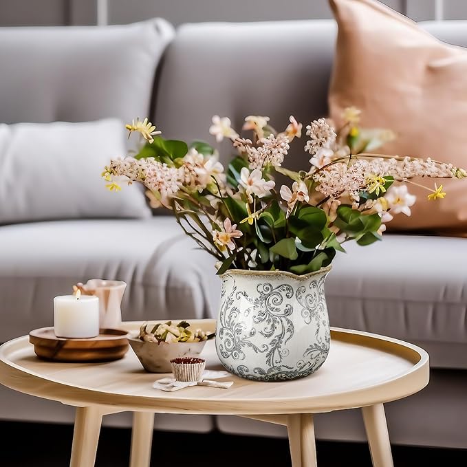 Newtay 6 Inch Ceramic Planter Gray Scroll Planter Decorative Plant Pots with Crackle Glaze for Home Kitchen