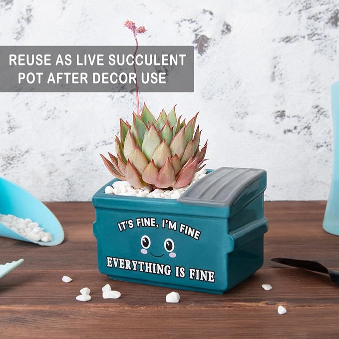 Dumpster Fire Fake Plants in Ceramic Succulent Pots Desk Decor, Emotional Support Positive Thinking Office Desk Accessories, Motivational Gifts for Women, Men, Coworkers