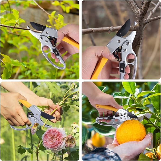 MEPEREZ Garden clippers, premium Germany pruners, Work 3 times easier, professional ratchet pruning shears, cutting rose, flower, hedge, stem, tree, Sharp gardening scissors, Arthritis weak hand snips