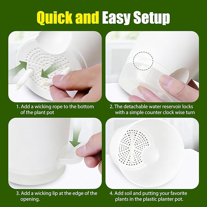 Plant Pots 7 Inch Self Watering Pots, 6 Pack Plastic Planters with Drainage Holes and Clear Saucers,Plastic Flower Pots for Indoor Out Door Plants(White)