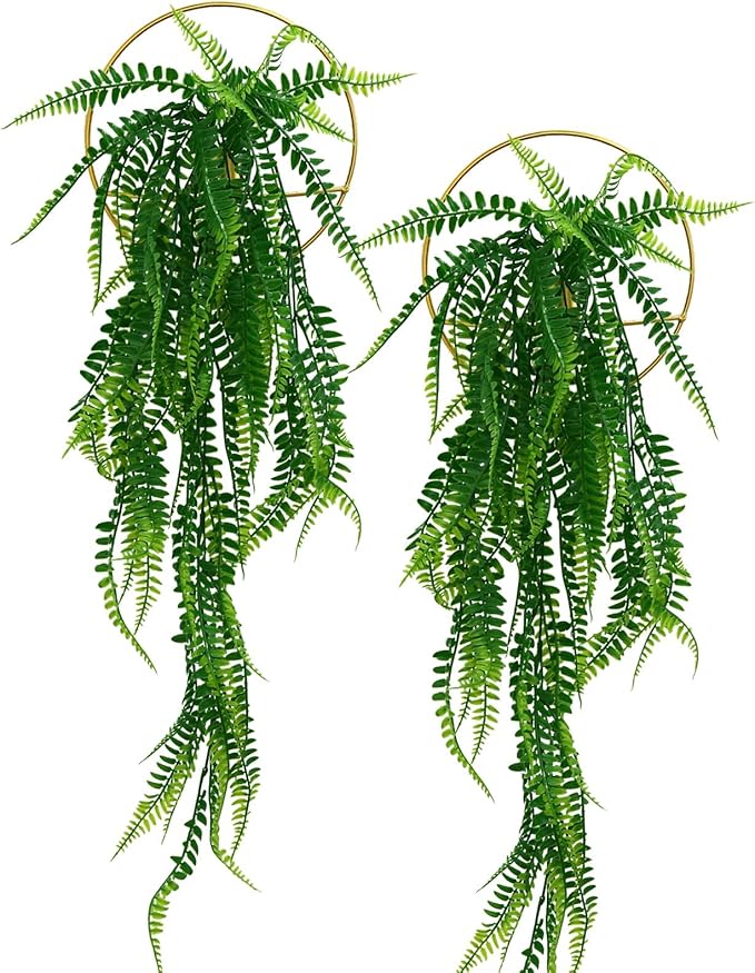GREENTIME 2 Pack Artificial Boston Fern 28" Fake Hanging Plants with 8" Round Metal Hanging Planter for Indoor Wall Decor Living Room Boho UV Resistant No Maintenance Office Decoration Outdoor