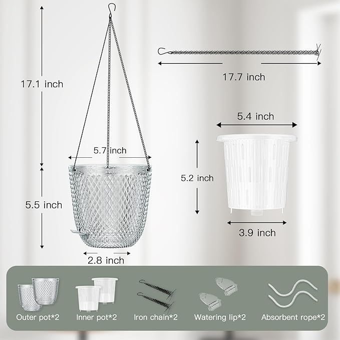 QCQHDU Self Watering Hanging Pots, 2 Pack 5.7 Inch Hanging Planters for Plants Indoor, Flower Pots with Drainage Holes and 3 Hooks Chains for Garden Home (Clear)