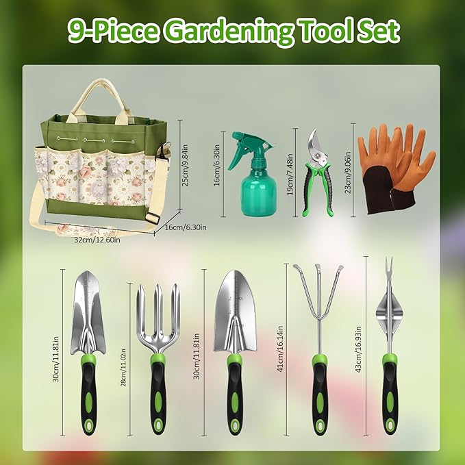 Gardening Tools Set,OPPSIUE 9 Pcs Stainless Steel Gardening Hand Tool Kit with Rubber Non-Slip Handle,with Shoulder Crossbody/Tote Bag,Ideal Gifts for Women and Men