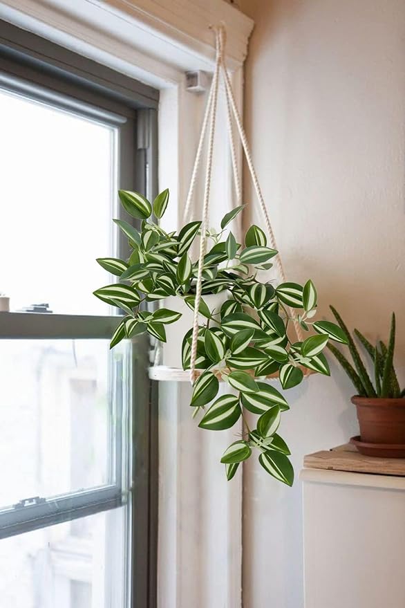 GnFlus Fake Hanging Plants, 20 Inch Artificial Ivy Plant in Ceramic Pot Faux Vine Potted for Home Bedroom Office Table Shef Desk Indoor Outdoor Decor (Green/White)
