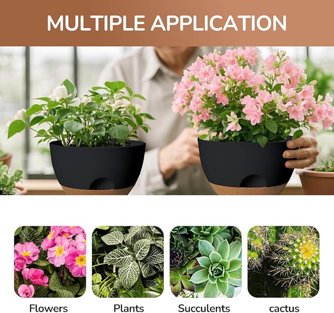 12 Inch Large Self Watering Pots, 2 Pack Plant Pots with Drainage Holes and Saucers, Self Watering Planter for Indoor Outdoor Garden Plants and Flowers (Black)