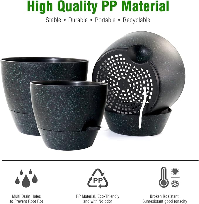 UOUZ Large Self Watering Pots, 12/10/9 Plastic Planters with High Drainage Holes and Deep Reservoir for Indoor Outdoor Garden Plants and Flowers, Black with Green Speckles