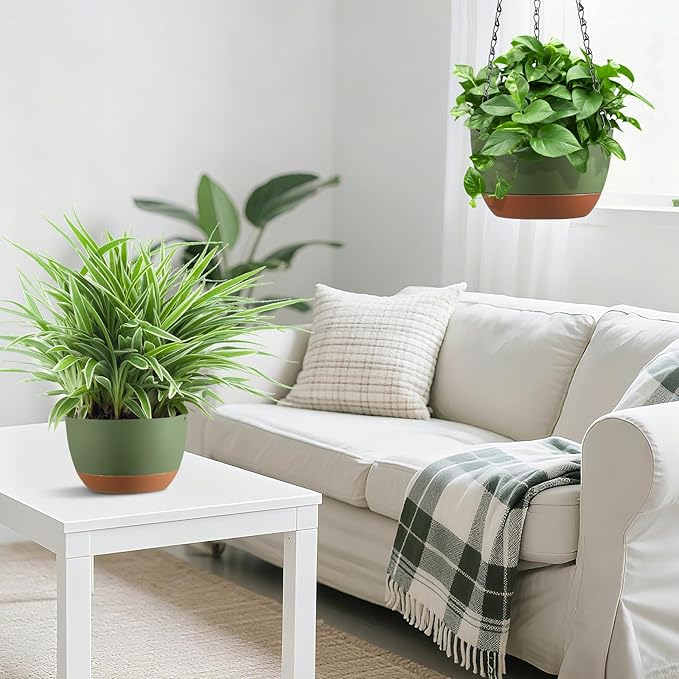 Set of 2 Hanging Planters for Indoor Outdoor Plants, 8 Inch Self-Watering Hanging Flower Pots with Drainage Hole & Removable Water-Storage Tray (Hooks)