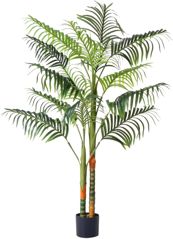 5FT Artificial Palm Tree Tall Plant with Planter & Moss, Realistic 2-Trunk Artificial Tree with Lights, Lifelike Leaves Fake Palm Tree, Low Maintenance Palm Tree Decor for Home Office Living Room