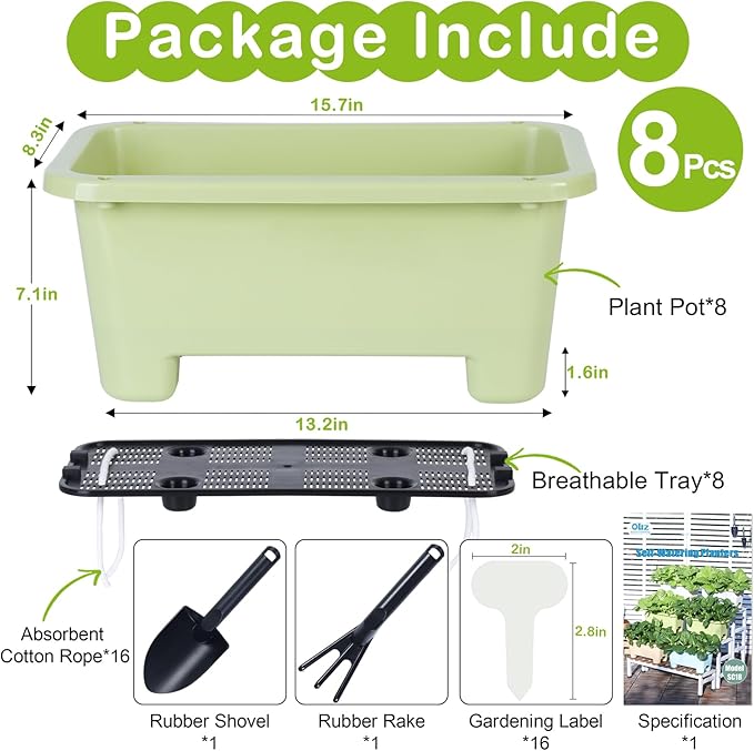 Oliz Self-Watering Rectangle Planter Boxes 8-Pack, 15.7-Inch Window Box Planter with Drainage Holes & Trays, Pots for Vegetables, Herbs, Flowers, Garden Windowsill Balcony (Light Green)