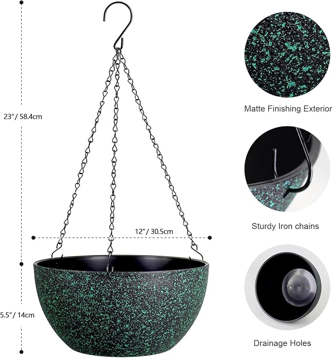 Meowell 12 inch Large Hanging Planters for Indoor Outdoor Plants, 2 Pack Hanging Flower Pots with Drainage Holes and Chain, Plastic Hanging Baskets for House Plants, Black with Green Speckles