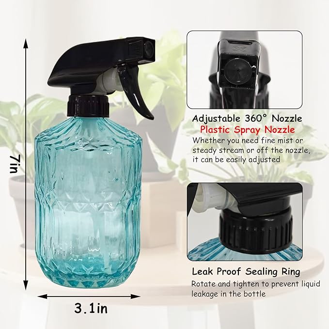 YYTSGG Glass Plant Mister Bottle, 15oz Refillable Water Spray Bottle with Adjustable Mist Nozzle for Indoor Flowers, Outdoor Gardening, Cleaning, Hair and Pets Care (Blue)
