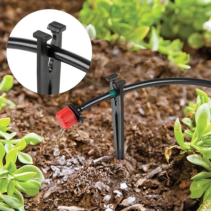 RedChili 100 Pack Irrigation Support Stakes for 1/4 Inch Drip Tubing, Heavy Duty Drip Tubing Hold Down Stakes 1/4" Drip Irrigation Tubing Fittings for Lawn Raised Bed Greenhouse Plant Watering System