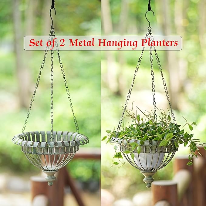 Set of 2 Metal Hanging Planters,Hand-Crafted Rusty Hanging Basket Plant Holder for Outdoor Indoor Garden, Patio, Deck, Porch, Flower Pots