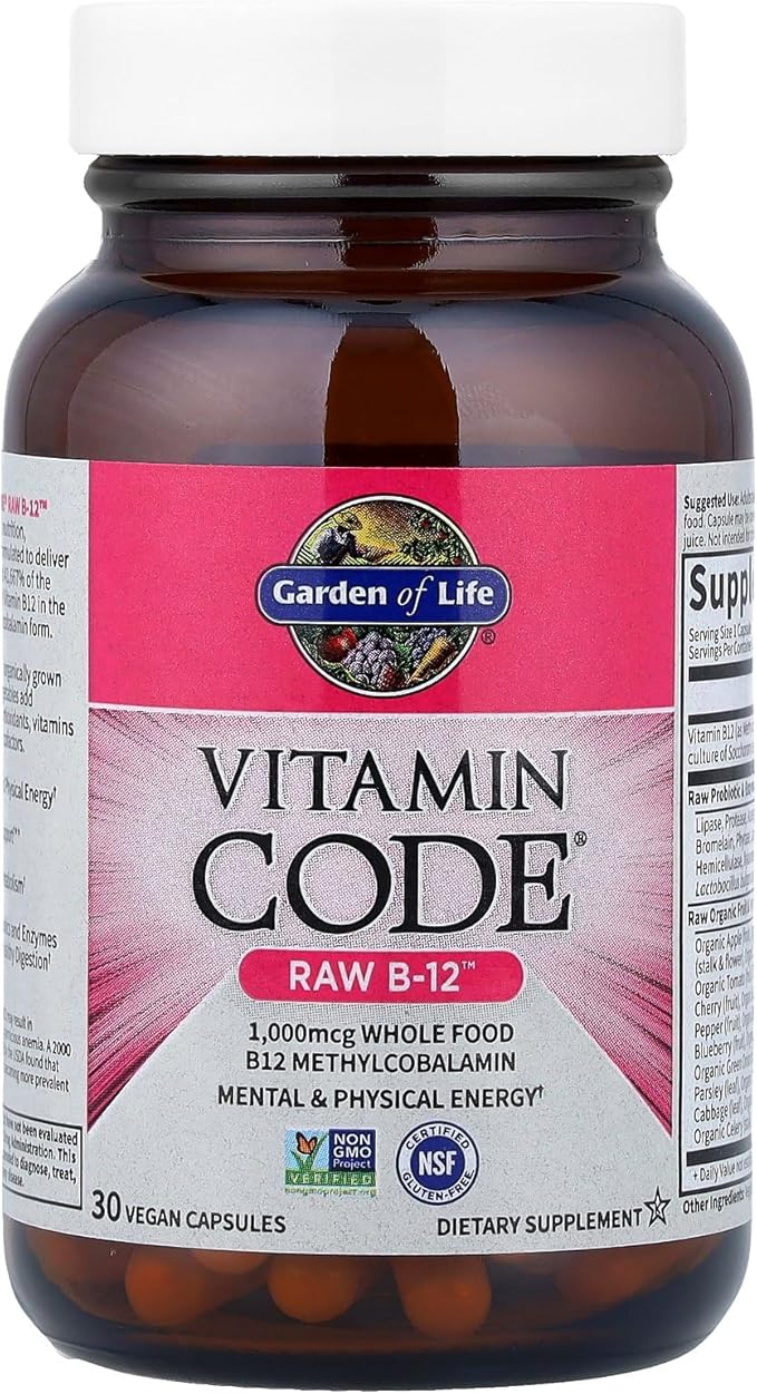 Garden of Life Vitamin Code Raw B-12 - 30 Capsules, 1,000mcg Whole Food B12 Methylcobalamin for Energy, Vegan Methylcobalamin Vitamin plus Probiotics and Enzymes, Gluten Free Supplements