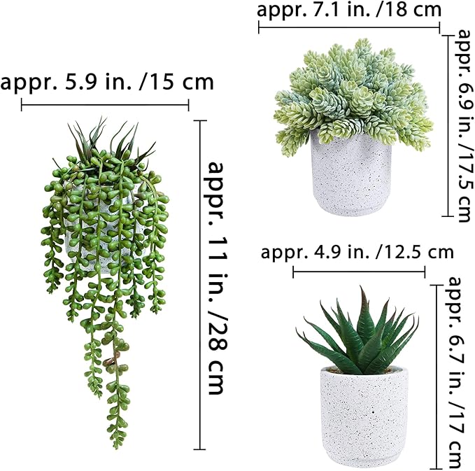 Winlyn Set of 3 Artificial Potted Succulent Plants in White Cement Planters Faux Aloe Hops String of Pearls Plants Small House Plants for Indoor Home Garden Office Desk Tabletop Shelf Decorations