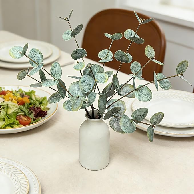 4PCS Artificial Eucalyptus Stems in Ceramic Pot, 15" Fake Plant Green Artificial Plant Indoor Faux Greenery Eucalyptus Bathroom Decor for House Office Desk