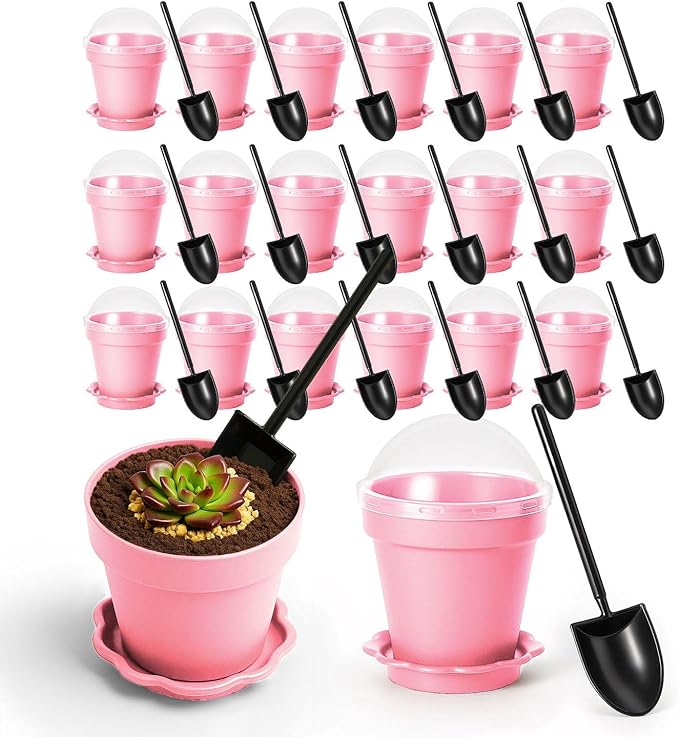 20 Pcs Nursery Pots with Humidity Dome, Cupcake Plant Nursery Pots with Bring A Plate and Shovel, Planting Cups for Seeds for Indoor Gardening and Plant Propagation(Pink)