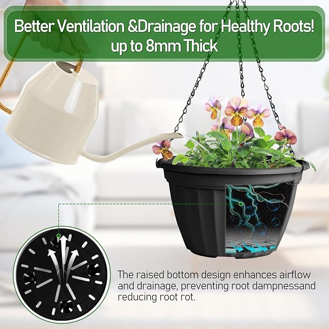 FGstyle 6 Pack Hanging Planters 10 Inch,Self Watering Pots for Indoor Plants,Plastic Hanging Basket with Soil Elevator and 20" Chain for Home Garden Porch Balcony Patio Decor(Black)