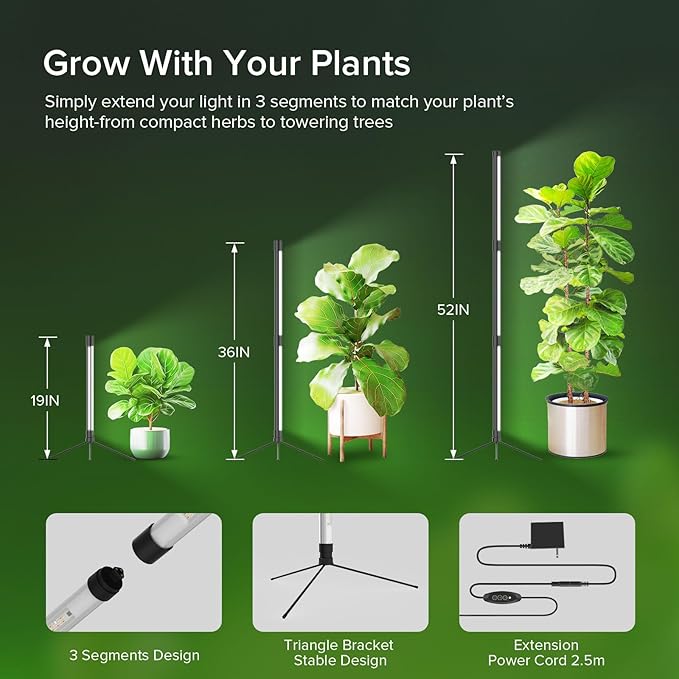 55W Standing Plant Grow Light for Indoor Plants, Full Spectrum Grow Lights with Dimmer & Timer, Plant Lights for Large Houseplants, Indoor Garden Rack, Balcony & Greenhouse