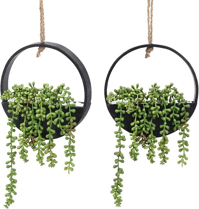 CEWOR 2pcs Artificial Hanging Succulent Plants, Fake String of Pearls in Pot with Lanyard Boho Wall Decor for Bathroom Living Room Home Indoor Outdoor Decorations, Black