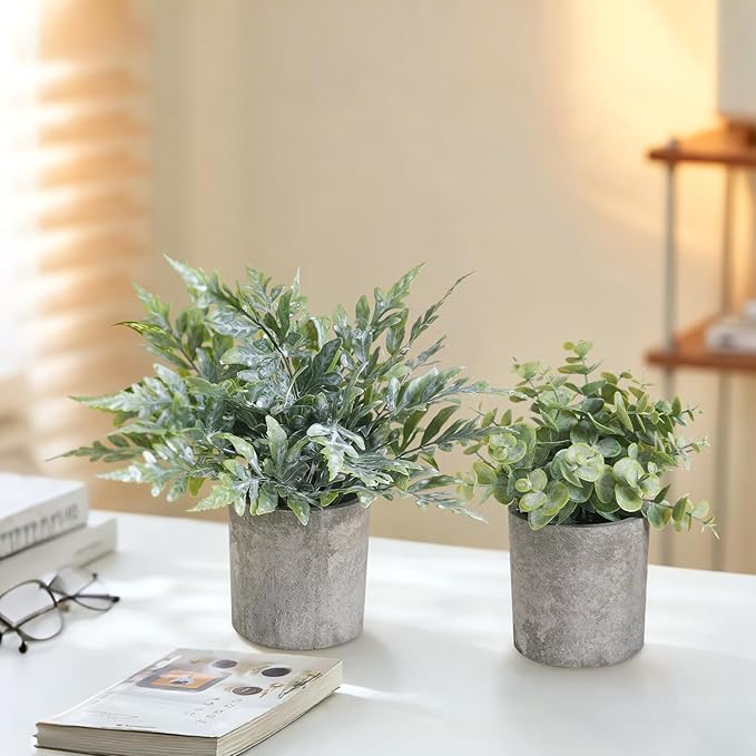 3 Pack Mini Potted Fake Plants Artificial Plastic Indoor Eucalyptus Plants for Home, Office, Desk, Bathroom, Coffee Table & Shelf (Green)