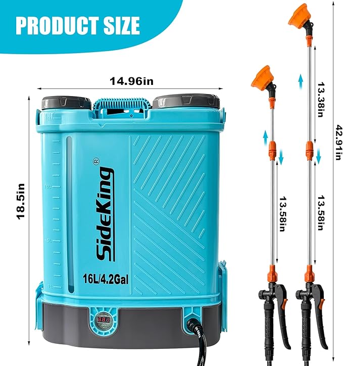 SideKing Battery Powered Backpack Sprayer 4 Gallon, 0-100 PSI Adjustable Pressure Sprayer Compatible with Makita 18V Battery, Electric Sprayer with Wand, 5 Nozzles, 2.6Ah Battery&Charger Included