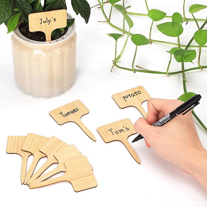 120 Pack Bamboo Plant Labels with A Marker Pen, Eco-Friendly T-Type Plant Tags Garden Markers for Seedling Potted Herbs Flowers Vegetables