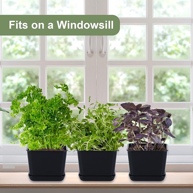Oliz Herb Garden Planter Indoor Kit Pots for Indoor/Outdoor Plants 4 Packs Windowsill Plant Pots with Drainage and Tray, Window Pot for Indoor Plants (Black)