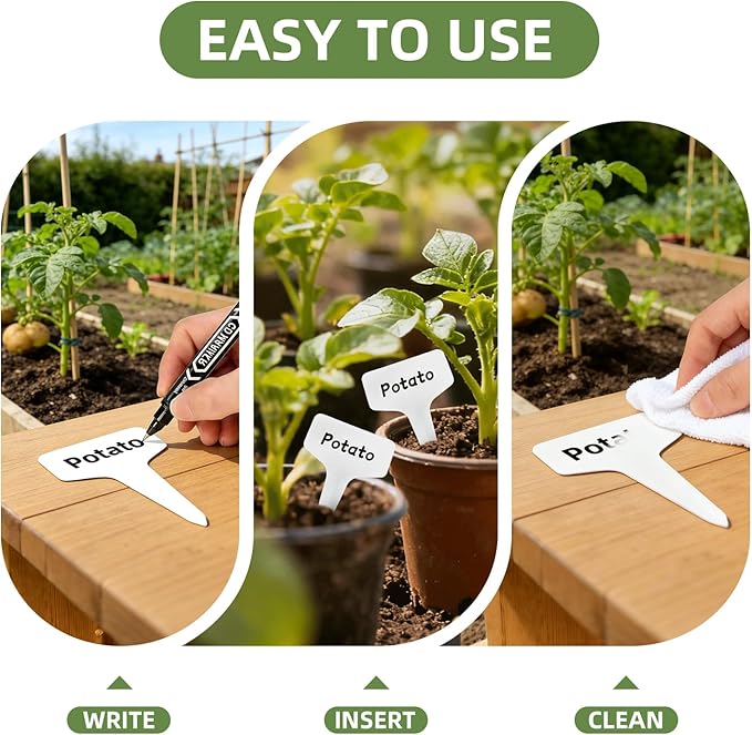 Kmosenia 100 Pcs 4" Plant Labels with Marker Pen, Waterproof T-Type Garden Tags for Seeds, Flowers, Vegetable Seedlings, Plastic Nursery Markers for Outdoor & Indoor Gardening Organization