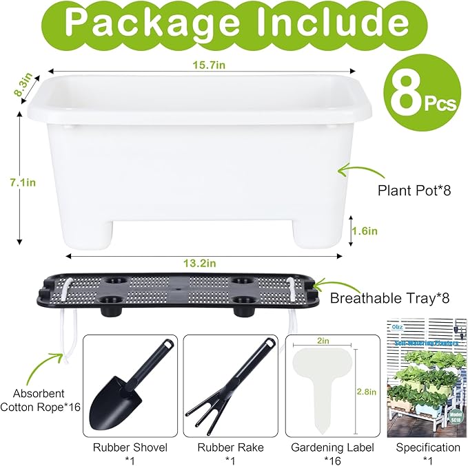 Oliz Self-Watering Rectangle Planter Boxes 8-Pack, 15.7-Inch Window Box Planter with Drainage Holes & Trays, Pots for Vegetables, Herbs, Flowers, Garden Windowsill Balcony (White)