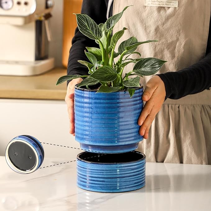 HASENSE Ceramic Plant Pot with Saucer, 6 Inch Planter for Indoor Plants with Drainage Hole,Snake Plants & Cactus, Navy Blue Flower Pot for Succulents,Modern Home Office Decor Gift