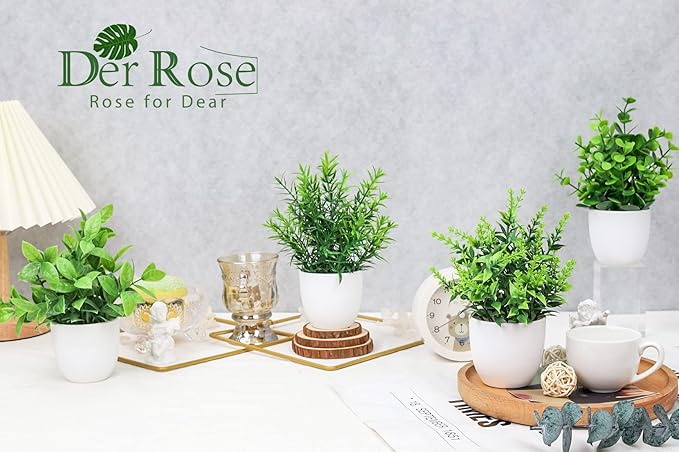 Der Rose Faux Plants Indoor, 4 Pack Small Fake Plants Mini Artificial Plants in Pots for Home Office Shelf Farmhouse Bathroom Decor