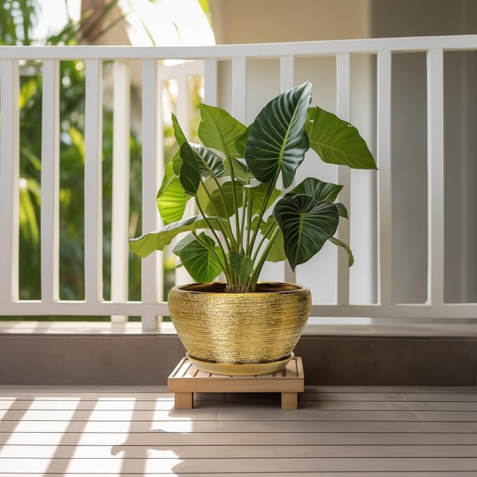 Ceramicfor Ceramic Planter 11 Inch - Indoor Plant Pot with Drainage Hole and Saucer Large Planter for Outdoor Plants Mid-Century Decorative Flower Pot for Home Decor Gold